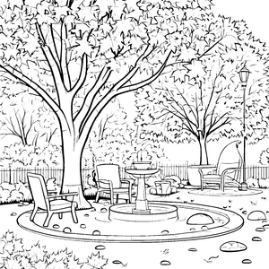 Bequemer Loungesessel unter schattigem Baum Ausmalvorlage für entspannte Kreativlinge