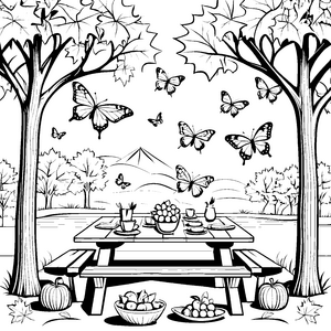 Verspielte Schmetterlinge über einer gemütlichen Picknickdecke Ausmalbild für kreative Entdecker