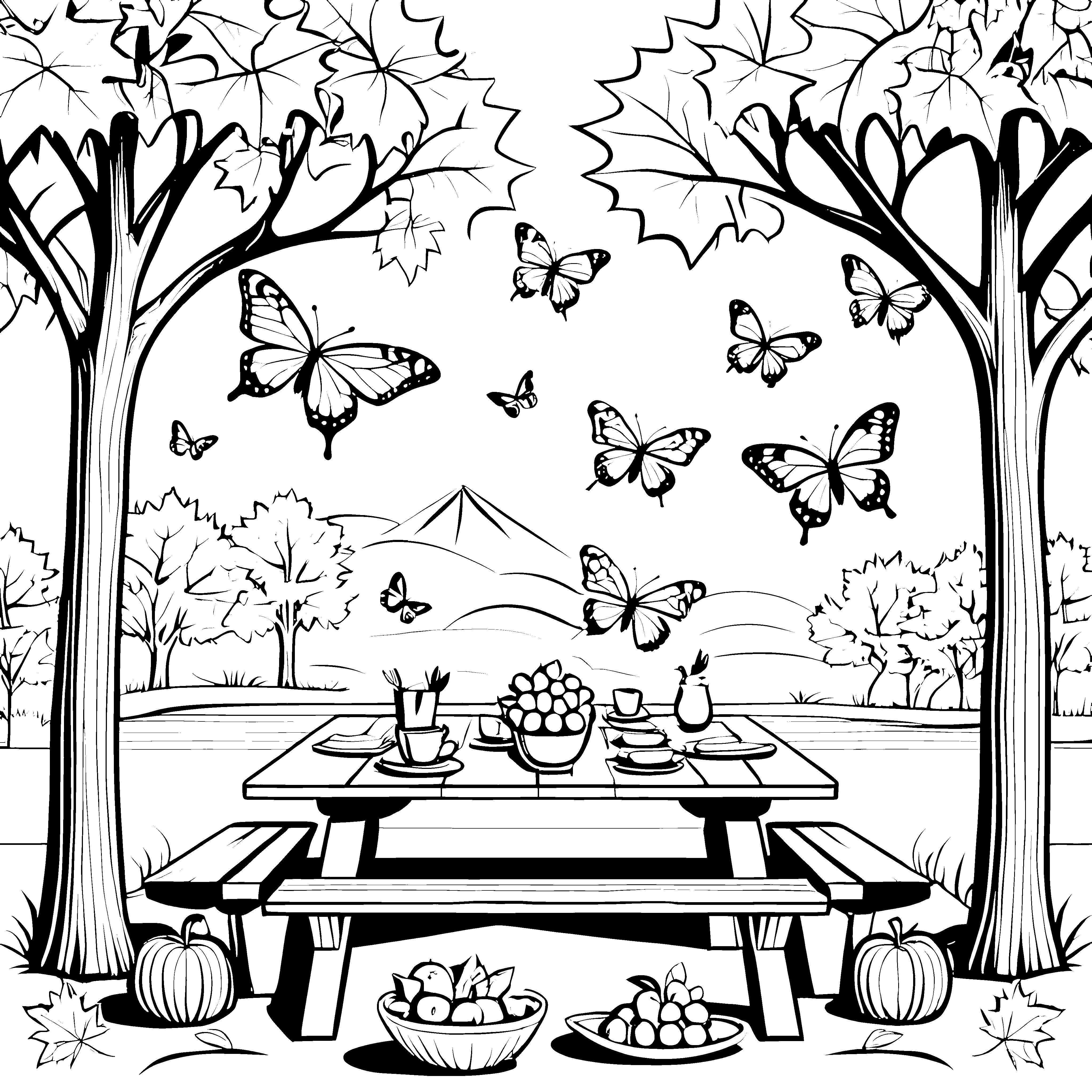 Verspielte Schmetterlinge über einer gemütlichen Picknickdecke Ausmalbild für kreative Entdecker