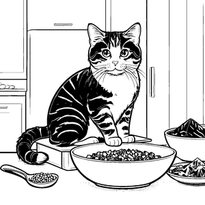 Schmusige Katze schlemmt fröhlich genussvolles Futter Ausmalbild für neugierige Küchenchefs