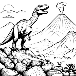 Majestätischer Tyrannosaurus Rex vor rauchendem Vulkan Ausmalbild für abenteuerlustige Dino-Fans