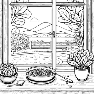 Fröhliche Erbsenschüssel mit frischen Gartendetails Ausmalvorlage für kleine Entdecker