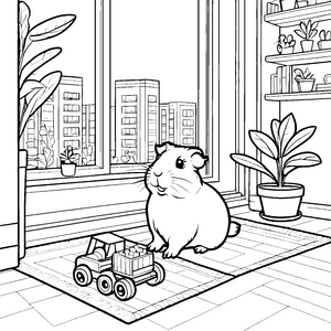 Fröhliches Meerschweinchen mit buntem Spielzeug Ausmalvorlage für kleine Entdecker