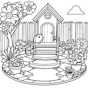 Meerschweinchen vor buntem Blumenhaus Ausmalbild für kleine Gartenforscher