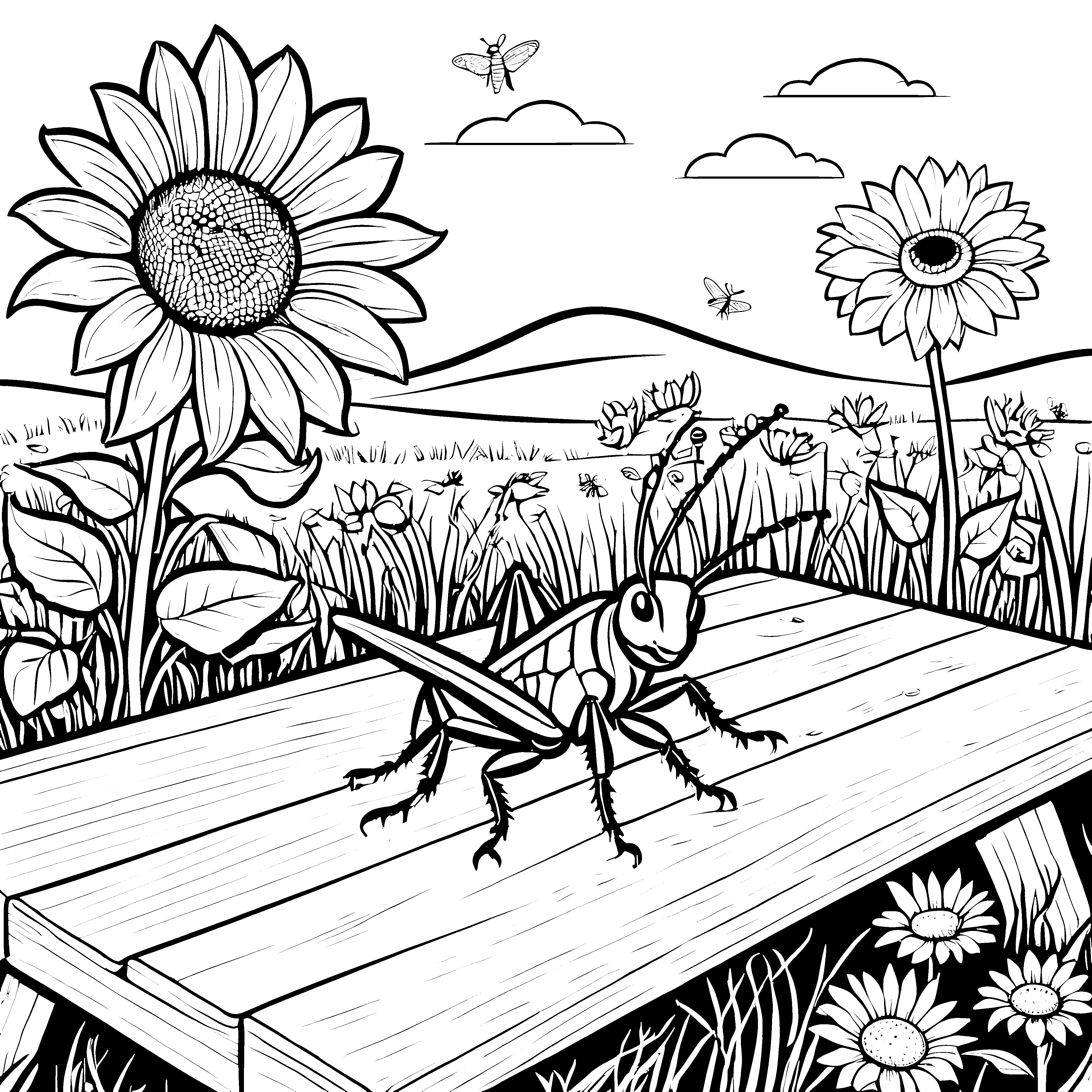 Kreative Grille im blühenden Garten Ausmalmotiv für junge Naturfreunde
