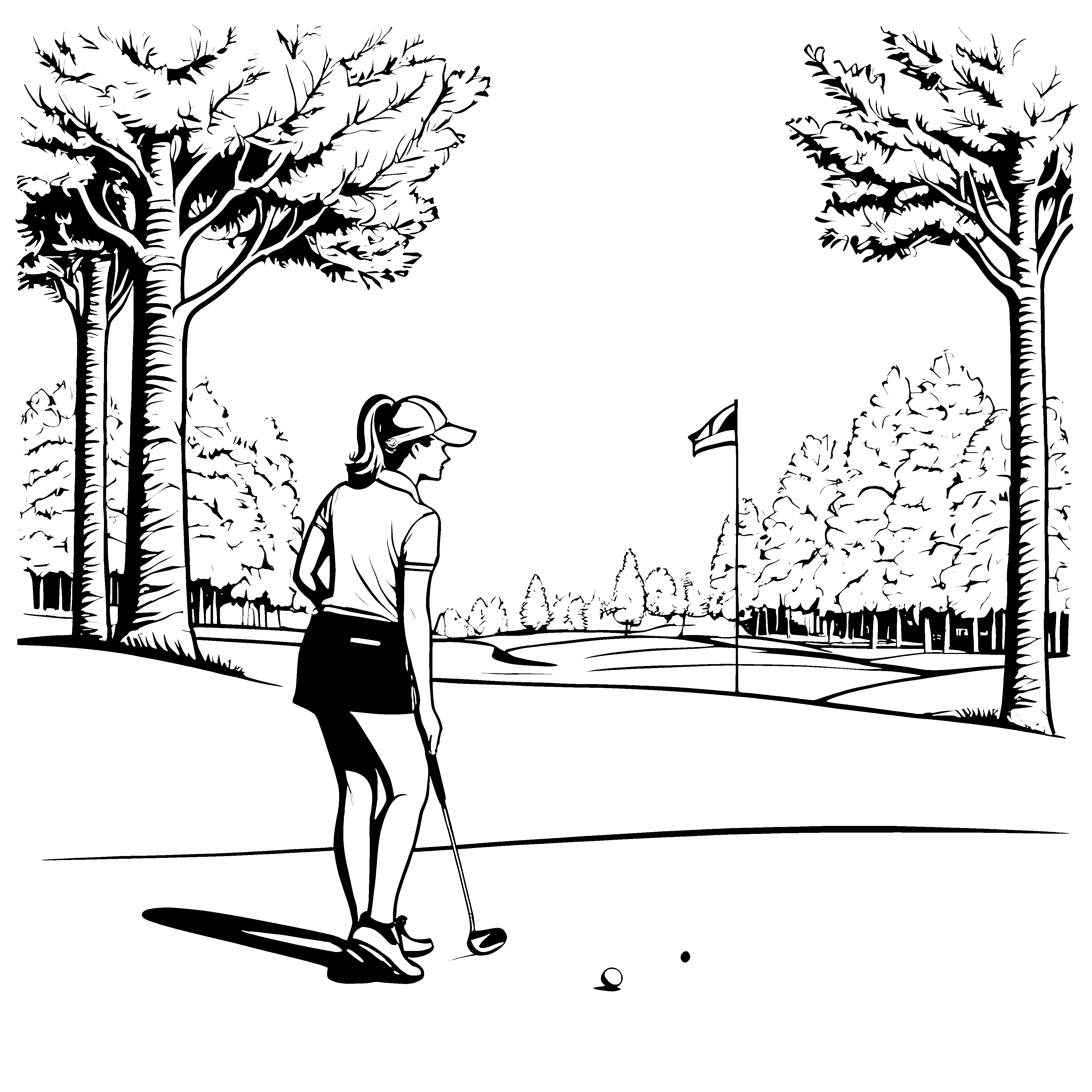 Zielstrebige Golferin beim perfekten Abschlag Ausmalbild für junge Sportenthusiasten