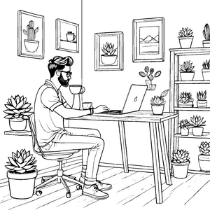 Stylischer Hipster am Laptop mit Pflanzendekor Ausmalmotiv für kreative Denker