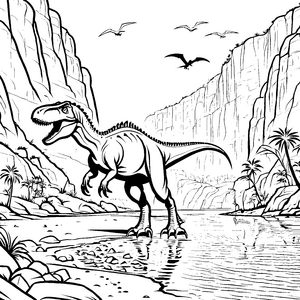 Mächtiger Tyrannosaurus Rex am glitzernden Wasser Ausmalmotiv für abenteuerlustige Fleischfresser