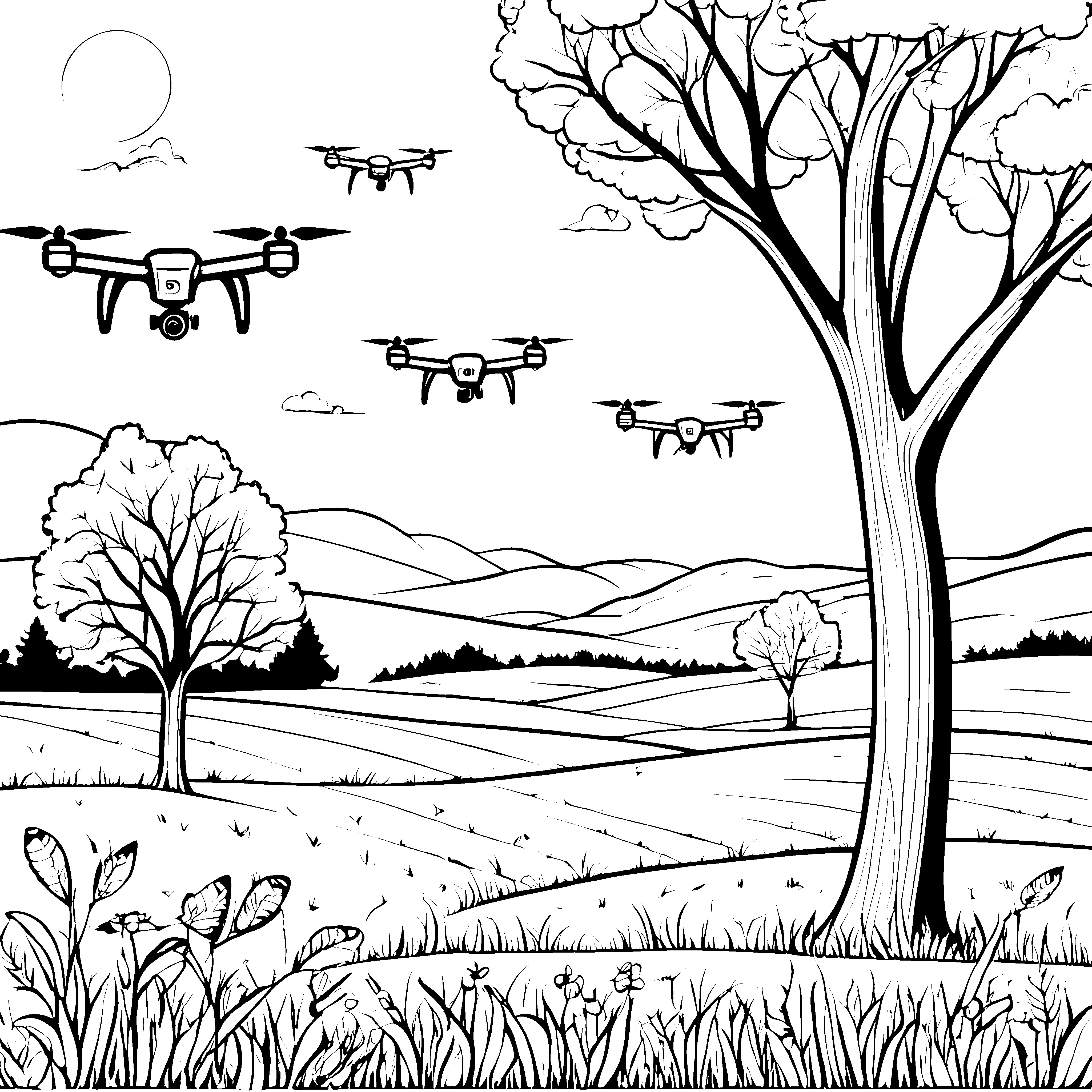 Fliegende Drohnen über buntem Landschaftsbild Ausmalvorlage für neugierige Technikfreunde