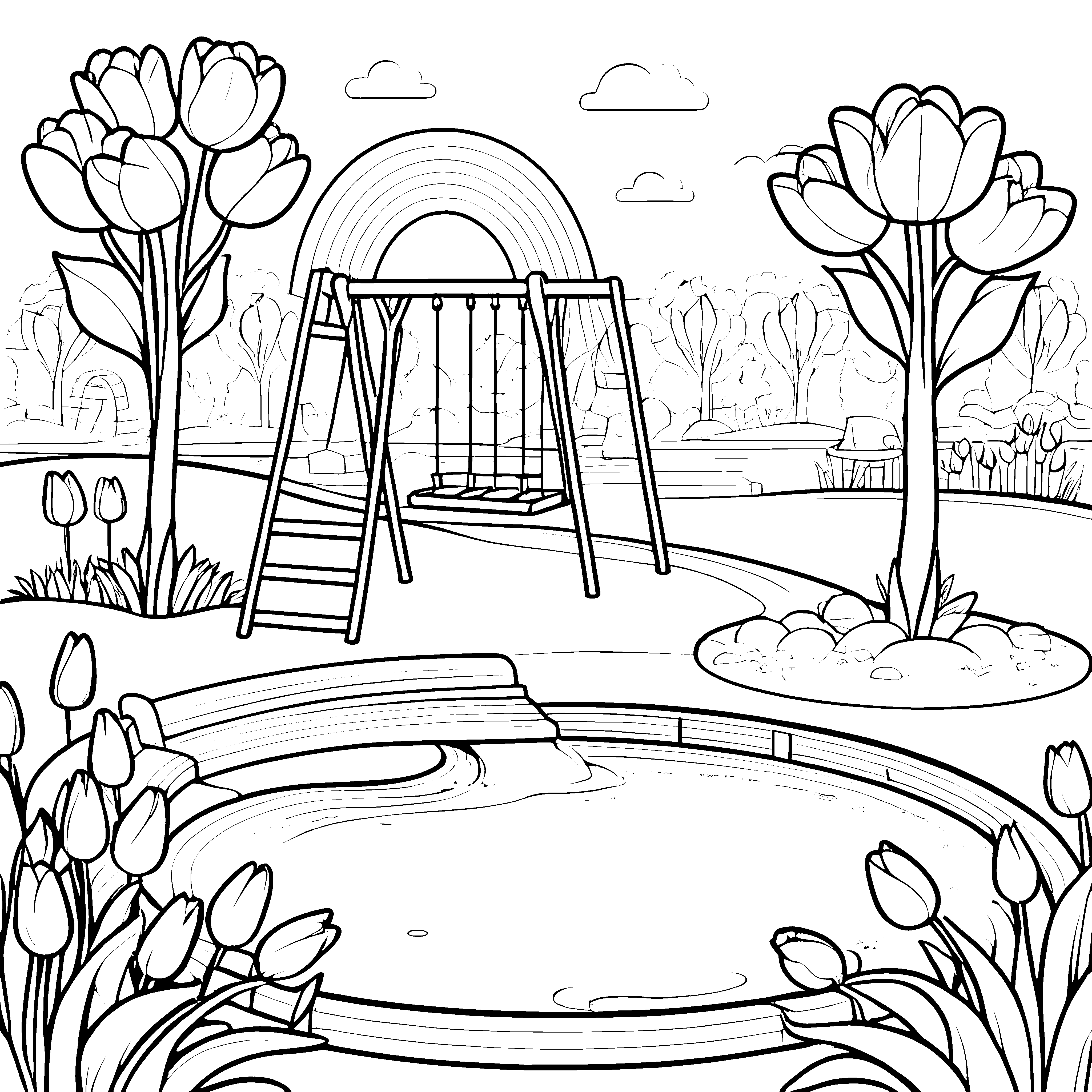 Farbenfroher Regenbogen über fröhlichem Spielplatz Ausmalbild für kleine Entdecker