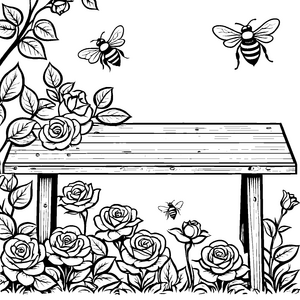 Fröhliche Bienen zwischen blühenden Rosen Ausmalbild für kleine Gartenfreunde