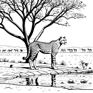 Majestätischer Gepard am Wasserloch Ausmalbild für abenteuerlustige Tierfreunde