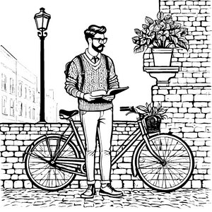 Schicker Hipster mit Buch und Fahrrad Ausmalmotiv für stilbewusste Freunde