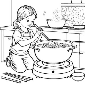 Kreativer Koch mit dampfenden Ramen Ausmalvorlage für kleine Gourmets