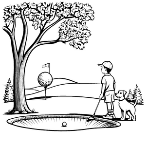 Verspielter Junge mit seinem Hund beim Golfspielen Ausmalvorlage für angehende Sportler