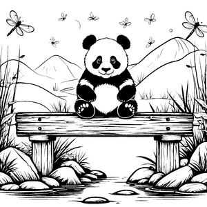 Witziger Pandabär auf gemütlicher Holzbrücke Ausmalbild für kleine Naturfreunde