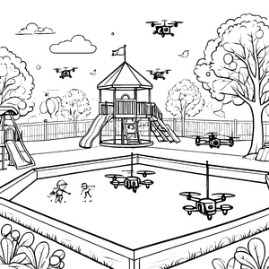 Dronenabenteuer über dem Spielplatz Ausmalvorlage für kleine Technikentdecker