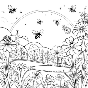 Fröhliche Bienen im bunten Blumenfeld Ausmalbild für kleine Naturabenteurer