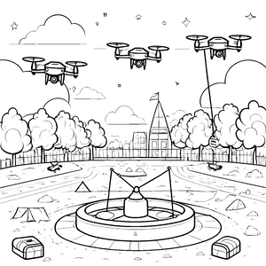 Spannende Drohnen beim Spielen im Park Ausmalmotiv für kreative Entdecker