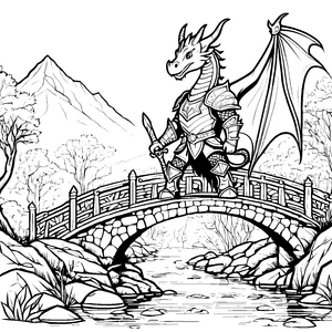 Furchtloser Drache in glänzender Rüstung auf Brücke Ausmalmotiv für junge Heldinnen und Helden