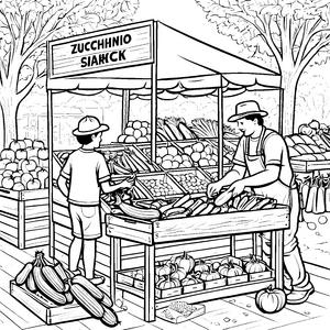 Bezaubernde Zucchini an buntem Marktstand Ausmalvorlage für kleine Gemüsefreunde