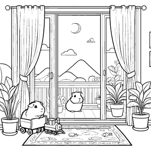 Kreative Meerschweinchen im bunten Wohnzimmer Ausmalmotiv für fantasievolle Tierfreunde