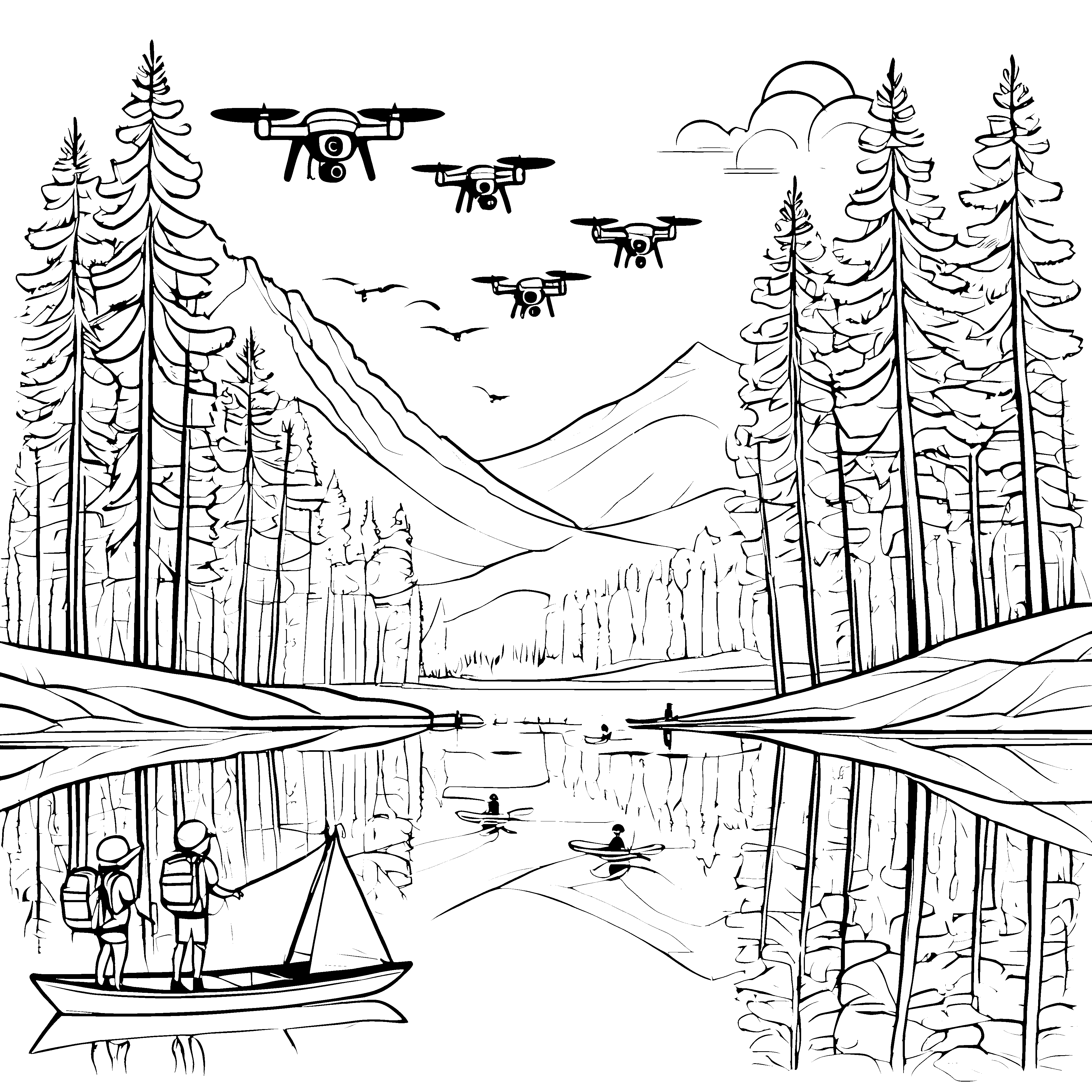Faszinierende Drohnen über dem Bergsee Ausmalbild für abenteuerliche Weltenbummler