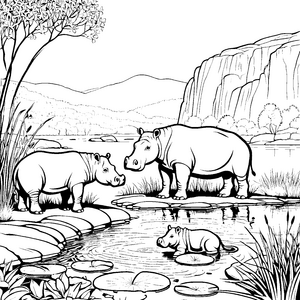 Niedliche Nilpferbabys am Wasserloch Ausmalbild für kleine Tierliebhaber
