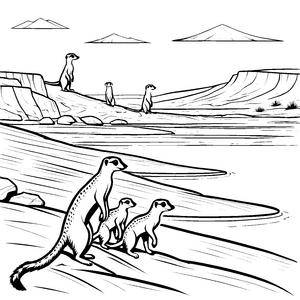Abenteuerliche Erdmännchen-Familie am Wasser Ausmalmotiv für neugierige Tierfreunde
