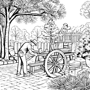 Faszinierendes Radmacher-Motiv im sonnigen Garten Ausmalvorlage für kreative Baumeister