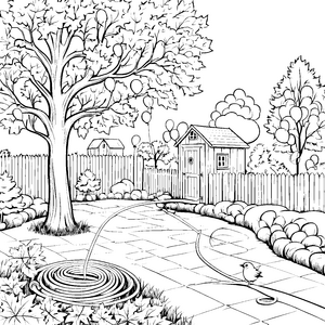 Fröhlicher Gartenschlauch zwischen bunten Blumen Ausmalvorlage für kleine Gartenfreunde