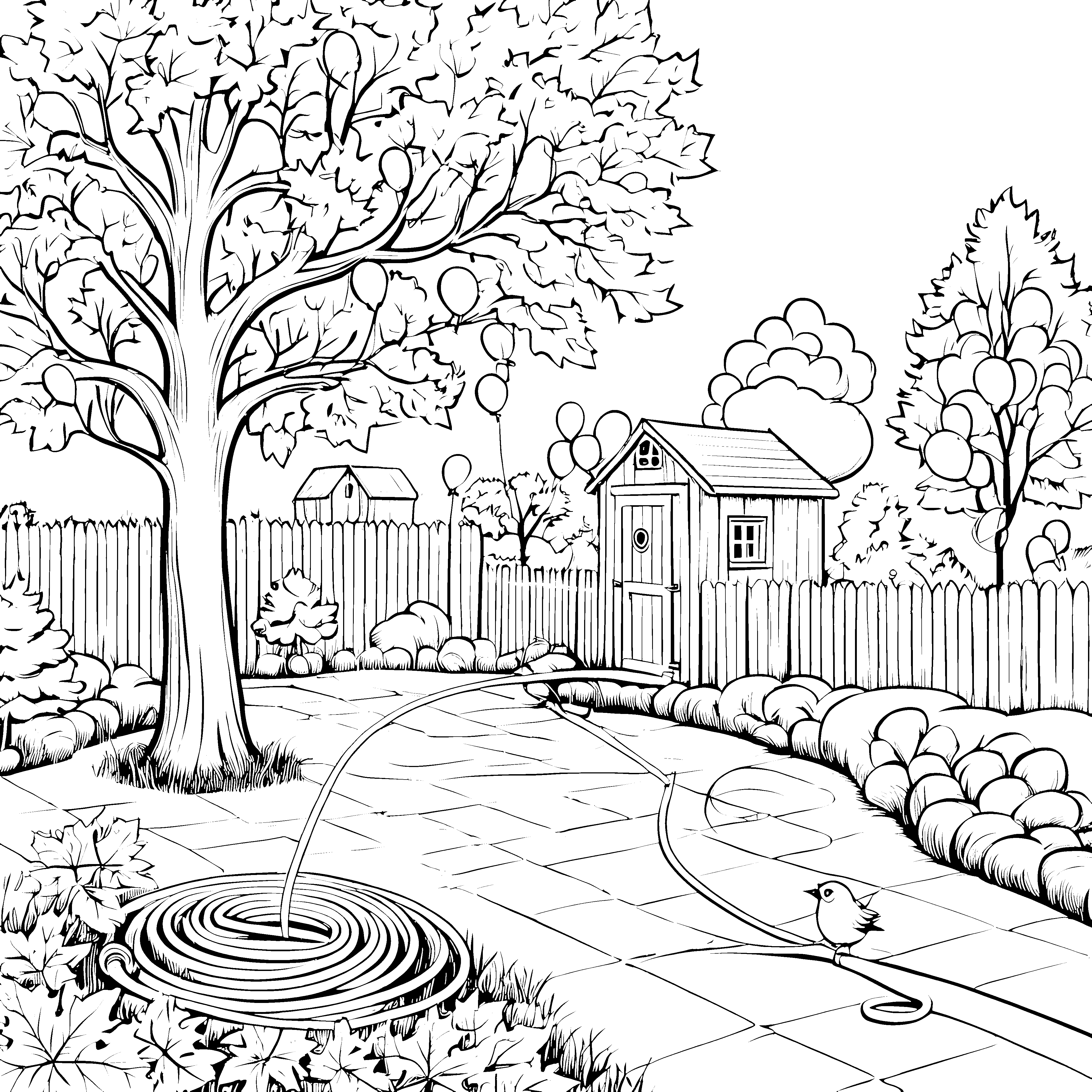 Fröhlicher Gartenschlauch zwischen bunten Blumen Ausmalvorlage für kleine Gartenfreunde
