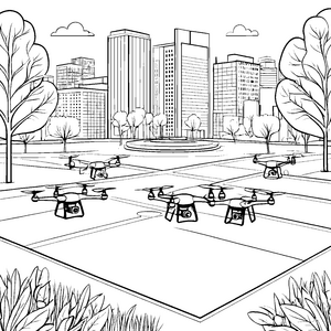 Futuristische Drohnen im Stadtpark Ausmalmotiv für abenteuerlustige Technikfreunde