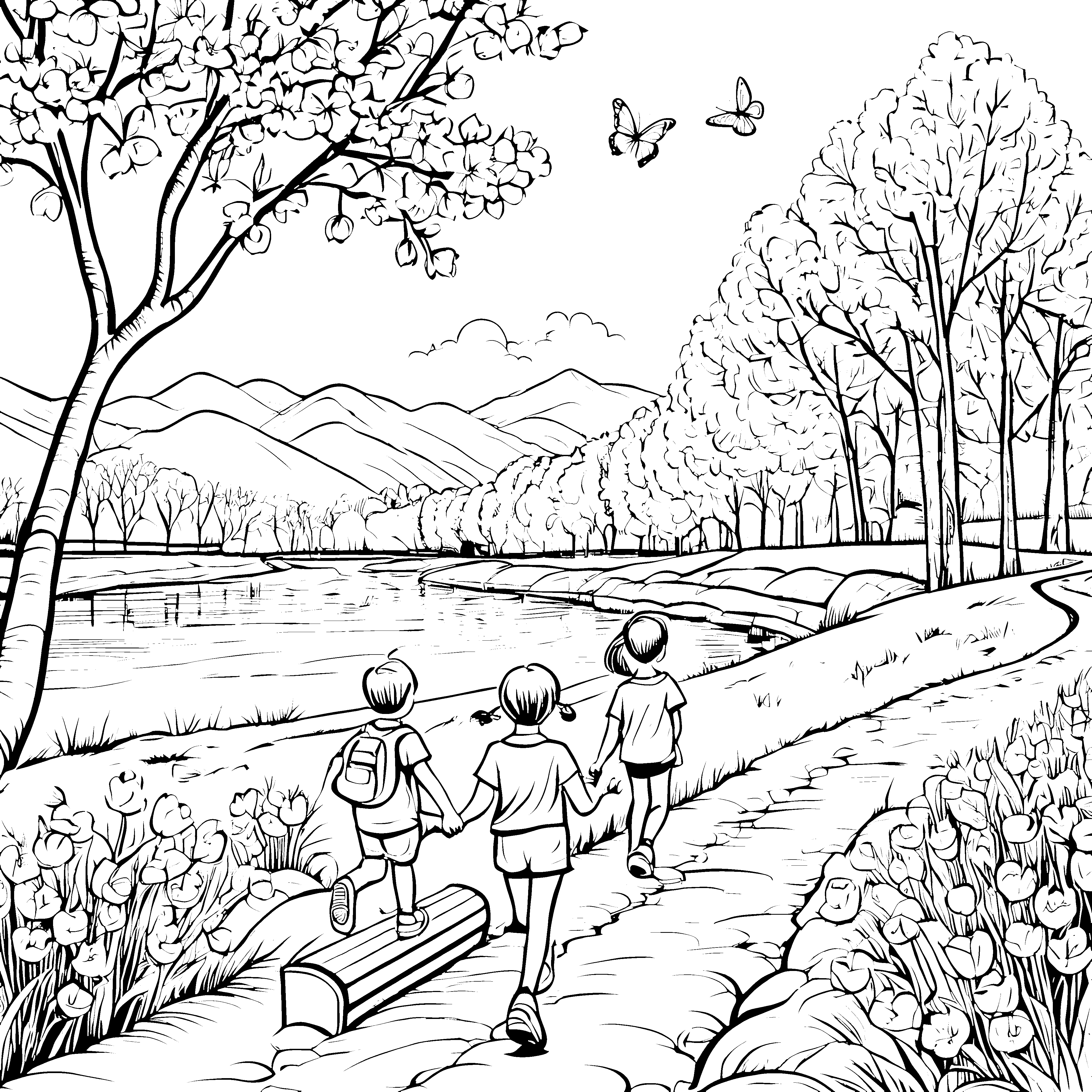 Fröhliche Kinder auf Naturentdeckungsspaziergang Ausmalvorlage für kleine Abenteurer