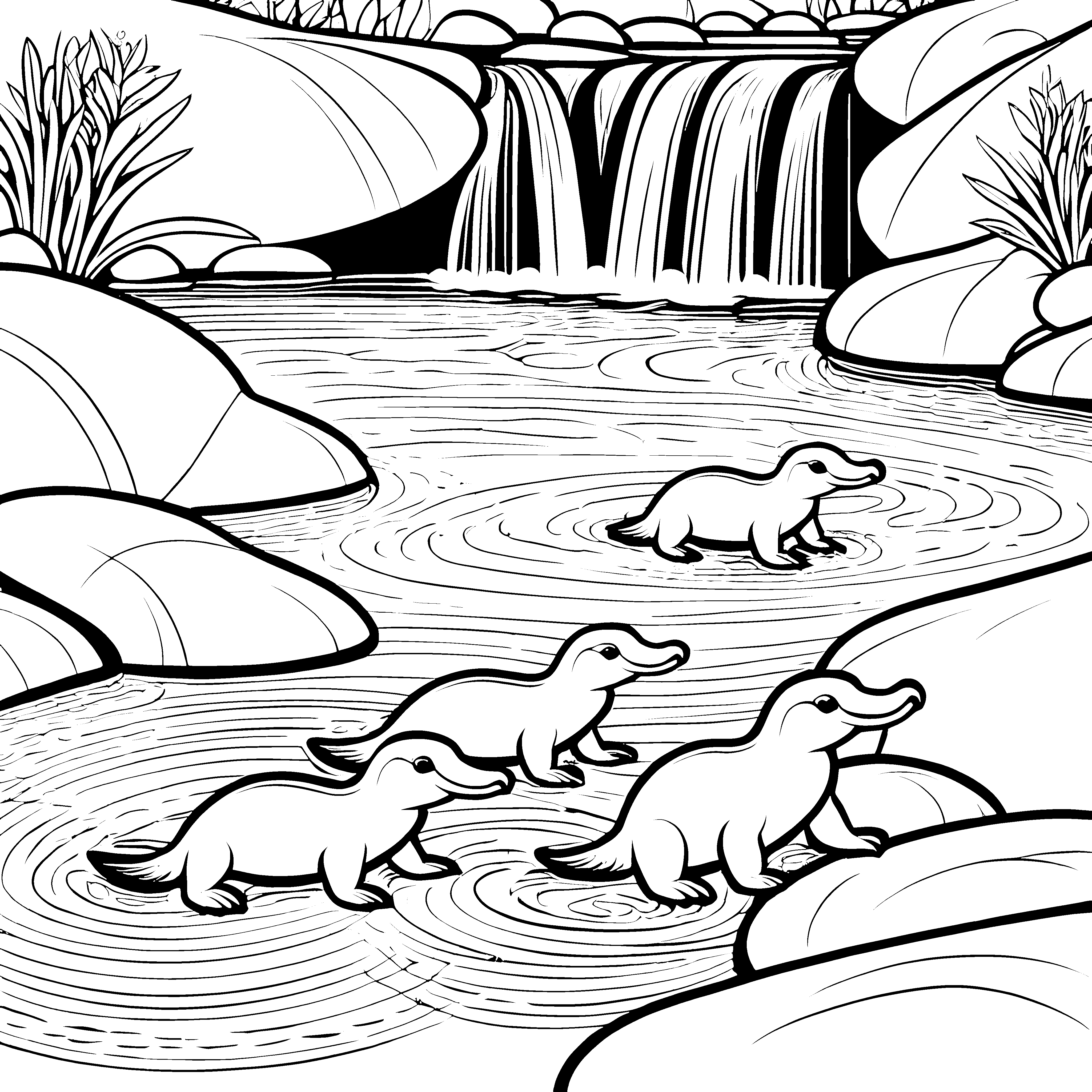 Verspielte Schnabeltier-Babys im glitzernden Wasser Ausmalbild für neugierige Tierfreunde