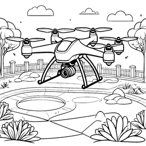 Futuristische Drohne über dem Teich Ausmalbild für neugierige Technikfans