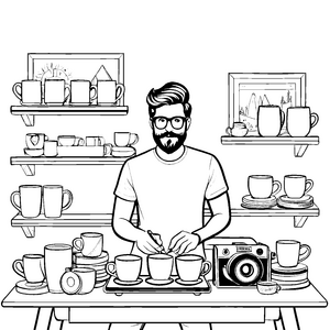 Hipster mit Töpferwerkstatt und bunten Tassen Ausmalbild für kreative Kaffeeliebhaber