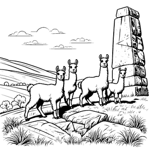 Lustige Lama-Jungtiere vor mysteriösem Monument Ausmalvorlage für neugierige Abenteurer