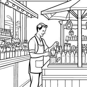 Kreativer Barkeeper mit fruchtigem Smoothie Ausmalbild für kleine Zauberer