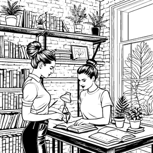 Charmante Hochsteckfrisur im kreativen Bücherzimmer Ausmalbild für neugierige Köpfe