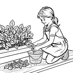 Fleißiges Mädchen bei der Spinaternte Ausmalvorlage für kleine Gartenfreunde
