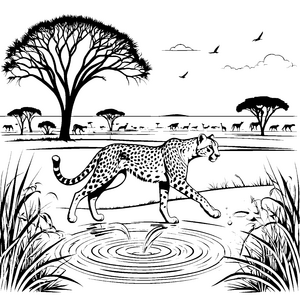 Schnelliges Gepard über glitzerndem Wasser Ausmalmotiv für abenteuerliche Naturfreunde