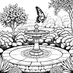 Schmetterling über glitzerndem Brunnen Ausmalvorlage für kleine Gartenzauberer