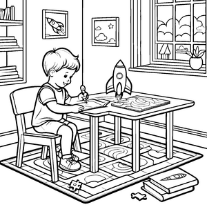 Kreativer Junge beim Zeichnen in seinem farbenfrohen Kinderzimmer Ausmalbild für kleine Künstler