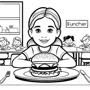 Leckere Burger-Pause im fröhlichen Klassenzimmer Ausmalvorlage für hungrige Entdecker