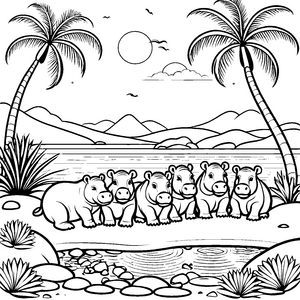 Freche Nilpferdbabys am Wasserloch Ausmalmotiv für kleine Tierliebhaber