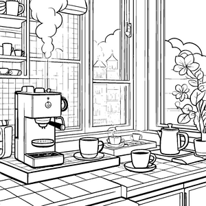 Kreative Kaffeemaschine mit frisch gebrühten Tassen Ausmalvorlage für neugierige Küchenchefs