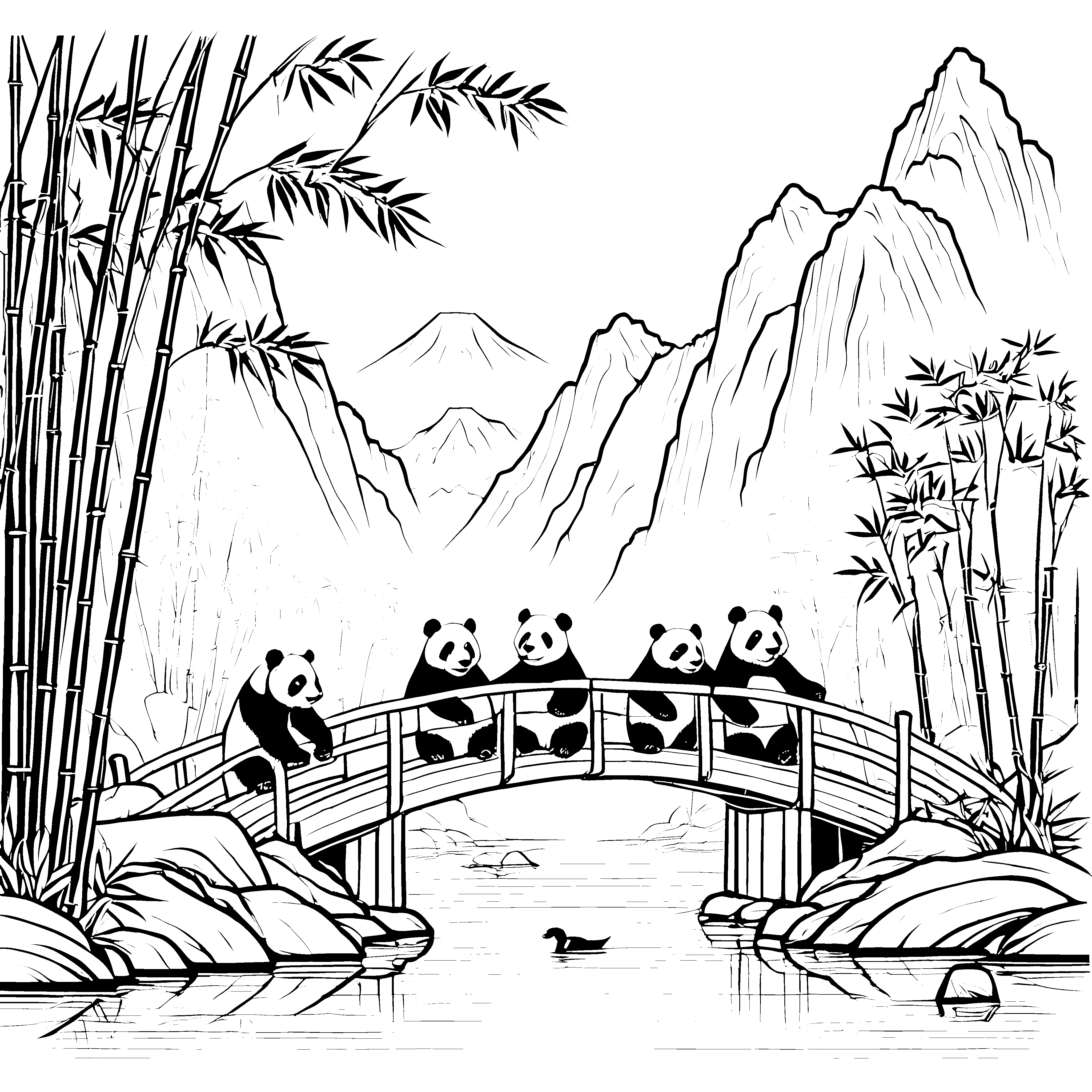 Spielende Pandabären auf malerischer Brücke Ausmalbild für neugierige Tierfreunde
