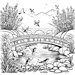 Singende Vögel über malerischem Fluss Ausmalbild für fantasievolle Naturentdecker
