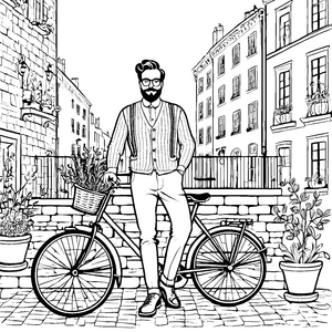 Modischer Hipster mit Pflanzen-Fahrrad in urbaner Umgebung Ausmalbild für kreative Stadtentdecker